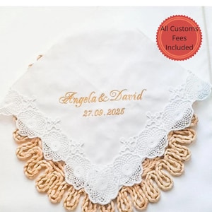 Personalized Wedding Handkerchief: Embroidered Cotton Hankie with Silk Lace,customized union gift initials/names, mom bride gift