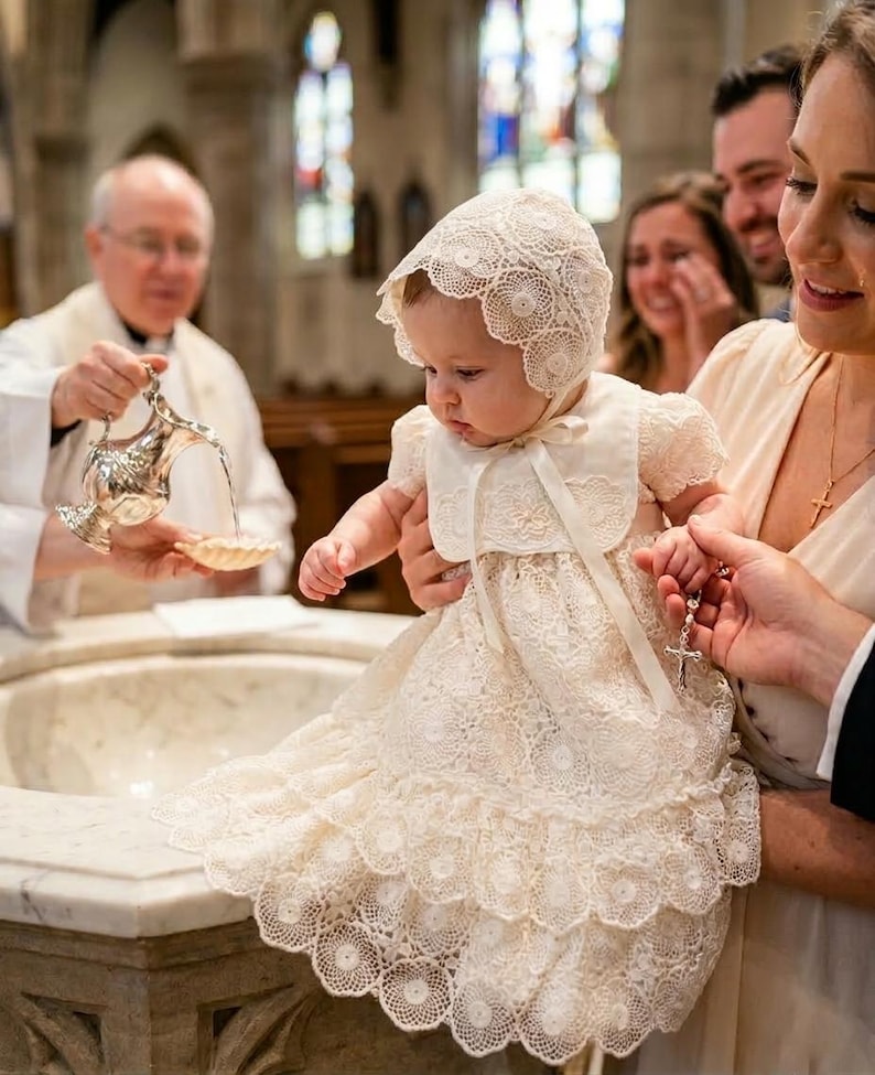 May include: A baby in a cream-colored lace christening gown and bonnet. The gown features multiple layers of lace and a bib-like collar. A silver cross hangs from a rosary. The baby is held by an adult in a church setting.