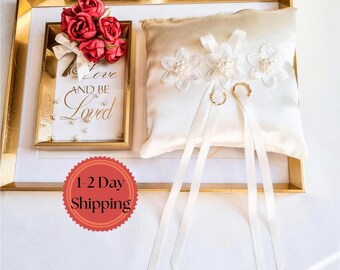 Ivory Ring Bearer Pillow, Satin/Cotton Personalized Keepsake, Mini Linen Wedding Cushion, Band Holder Box for Ceremony, Bridal Pillow