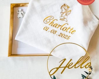 Personalized Baptism Muslin Set: Embroidered Towel & Bib, Christening Gift