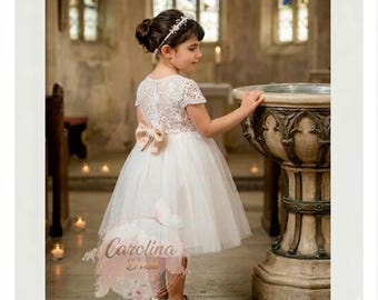 Ivory Baptism dress, Girls Christening V-back Lace gown, Tulle puffy baby dress, Blessing Flowergirl dress,Bridesmaid Boho Rustic dress