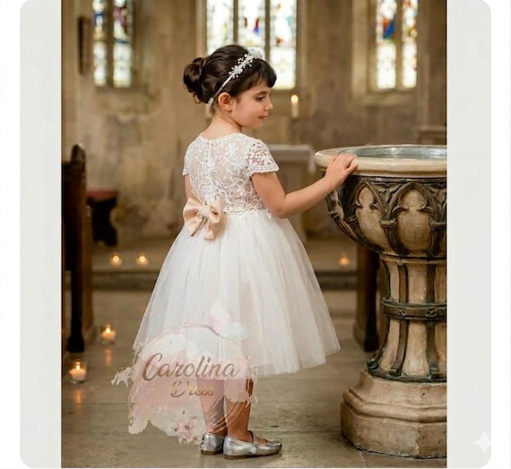 ivory baptism dress dress, Girls Christening V-back Lace gown, Tulle puffy baby dress, Blessing Flowergirl dress,Bridesmaid Boho Rustic baptism attire