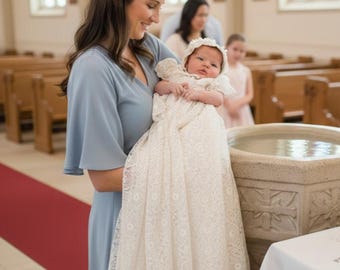 Christening/Baptism girl ivory outfit,Blessing Baptism box,Long Baptism dress,Cotton Lace dress, Baptism long sleeve dress,Christening gown