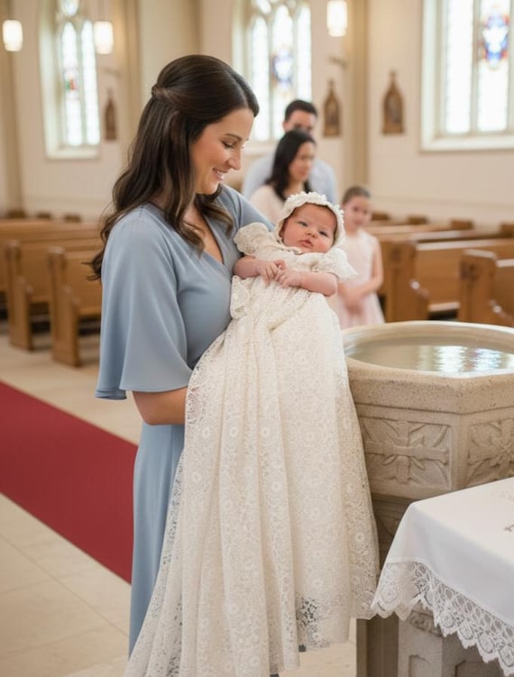 lace christening dress Piccolo Bacio Girls' Rhinestone and Metallic Lace Baptism Dress Victoria 24 Months / White