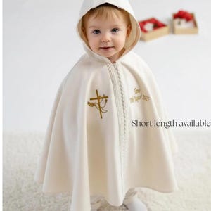 Ivory Cotton Embroidered Cotton Baptism Cape: White Personalized Christening Cloak with Hood,Cross and Name Embroidery Cape