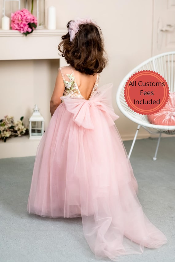 Handmade Flower Girl Dress: Pink Lace Bodice, Tulle Bow & Train - Etsy Israel Handmade Flower Girl Dress: Pink Lace Bodice, Tulle Bow & Train - Etsy Israel