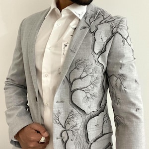 Custom Designed Men's Formal Suit Jacket Blazer, Tree Branch Art, One-of-a-kind - Hand Painted with Fabric Paint