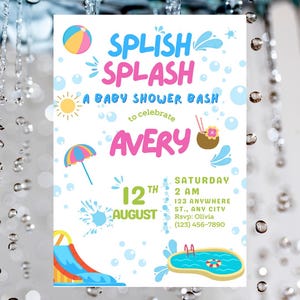 Splish Splash Baby Shower Invitation, Pool Party Theme, Gender Reveal, Baby Arrival Celebration Invite, baby boy baby girl baby shower