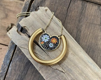 ENAMEL FLORA NECKLACE | Heart Shaped Pendant Necklace | Orange White & Black Enamel Charm | Free Shipping