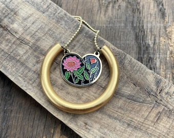 ENAMEL FLORA NECKLACE | Heart Shaped Pendant Necklace | Pink Red & Black Enamel Charm | Cottagecore Flower Jewelry | Free Shipping