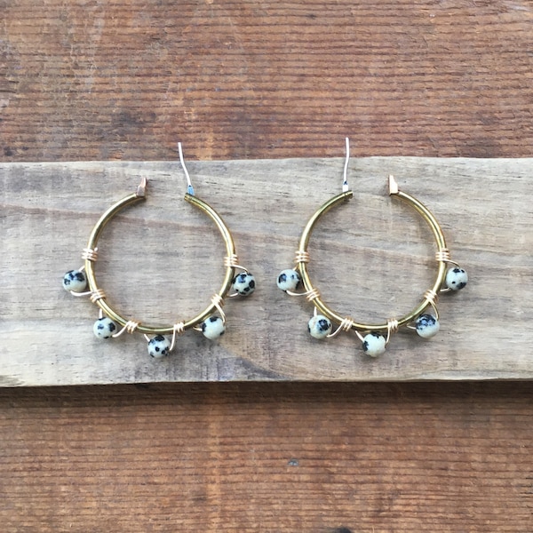 DALMATIAN JASPER HOOPS | Brass Beaded Hoop Earrings | Vintage Brass Upcycled Everyday Earrings | Free Shipping | Fun Gifts for Friends