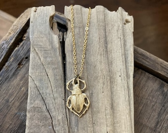 Tiny Brass Beetle Necklace: Vintage Insect Charm, Gold Plated Chain