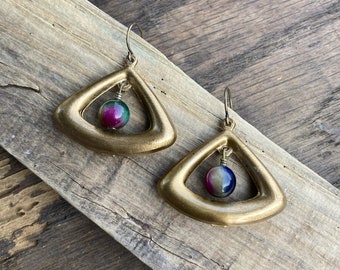 RAINBOW BRASS TRIANGLES | Brass Statement Dangles | Unique Boho Hippie Earrings | Rainbow and Gold Jewelry | Free Shipping