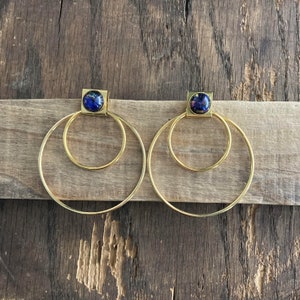 Milky Way Gold Hoop Earrings: Vintage Brass & Glass Cabochons