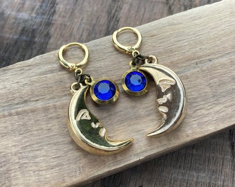 MIDNIGHT MOONS | Gold & Blue Moon Huggie Hoops | Gold Celestial Hoop Earrings | Unique Gift for Friend | Free Shipping