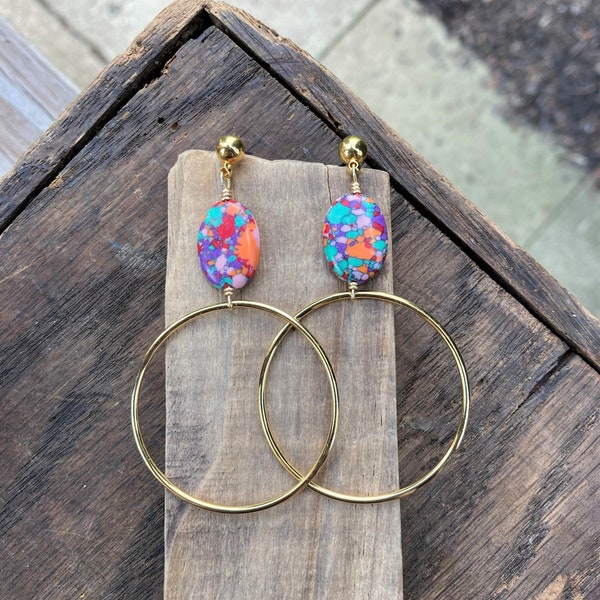 CONFETTI GOLD HOOPS | Gold Hoop Earrings | Unique Lightweight Dangle Drop Earrings | Rainbow Multi Colored Upcycled Jewelry | Free Shipping