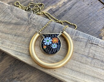 ENAMEL FLORA NECKLACE | Unique Handmade Enamel Pendant Necklace | Brass Floral Motif Layering Necklace | Upcycled Jewelry | Free Shipping