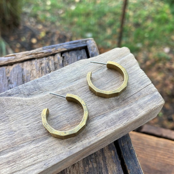 BRASS POLYGON HOOPS | Vintage Brass Hoop Earrings | Gold Hoops | Unique Brass Jewelry | Free Shipping | Unique Gift Ideas