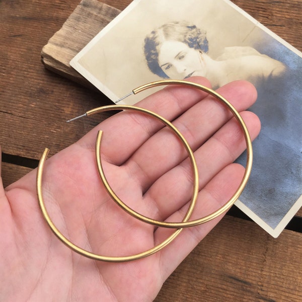 LARGE HOOP EARRINGS | Extra Large Gold Brass Hoop Earrings | Unique Boho Upcycled Post Earrings | Big Statement Hoops | Free Shipping