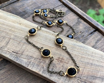 Black Beaded Necklace: Vintage Swarovski Gold Plated Charms