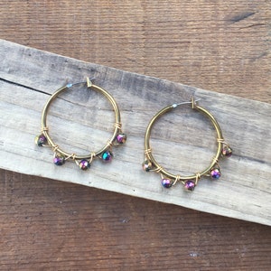 Vintage Brass Hoop Earrings: Rainbow Titanium Stone Beads