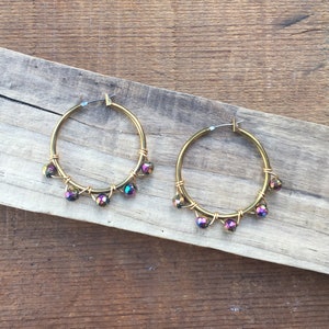 RAINBOW HOOPS Brass Beaded Hoop Earrings Gold Aurora Borealis Hoop Earrings Handmade Unique Earrings image 1