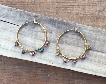 RAINBOW HOOPS | Brass Beaded Hoop Earrings | Gold Aurora Borealis Hoop Earrings | Handmade Unique Earrings