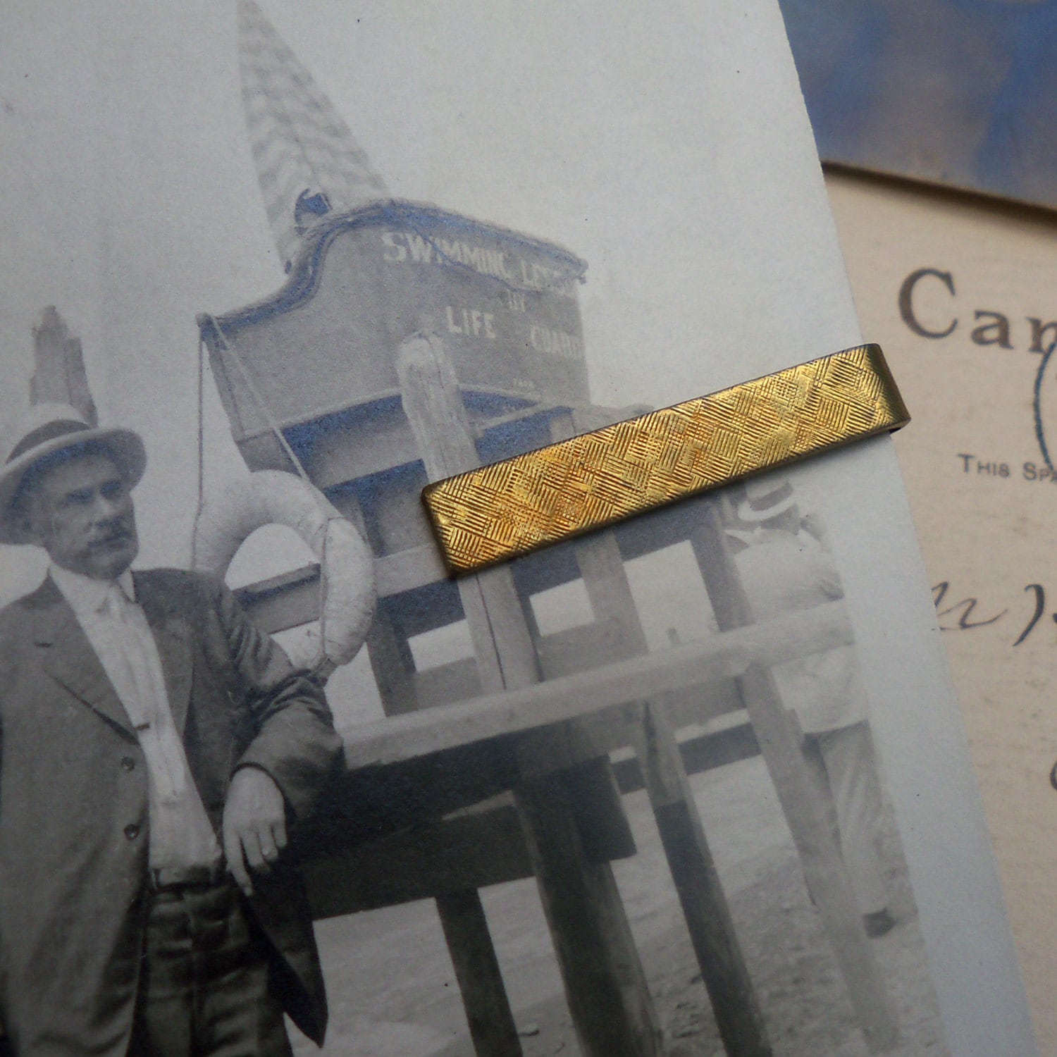 Vintage Textured Brass Tie Bar - 1960s Skinny Tie Clip
