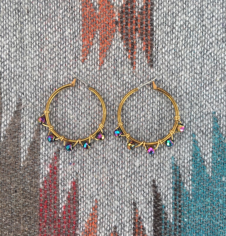 RAINBOW HOOPS Brass Beaded Hoop Earrings Gold Aurora Borealis Hoop Earrings Handmade Unique Earrings image 4