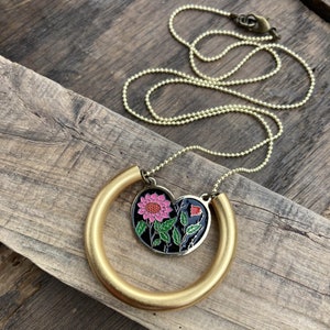 ENAMEL FLORA NECKLACE Heart Shaped Pendant Necklace Pink Red & Black Enamel Charm Cottagecore Flower Jewelry Free Shipping image 6