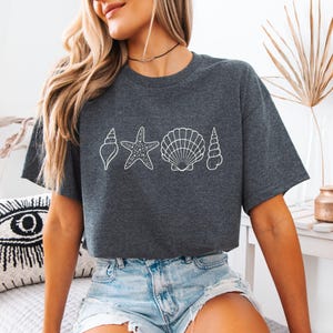 Seashell and Starfish Minimalist T-Shirt, Coastal Aesthetic Summer Tee, Ocean Lover Gift,
