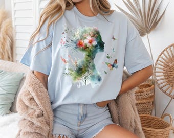 Floral Woman Silhouette T-Shirt: Watercolor Boho Graphic Tee