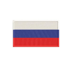 May include: A rectangular embroidered patch featuring the horizontal tricolor flag of Russia. The design consists of three equal horizontal bands of white on top, blue in the middle, and red on the bottom, all enclosed within a thin white border.