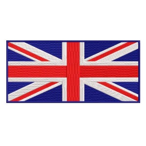 Op de afbeelding: Een rechthoekige geborduurde patch met het ontwerp van de Union Jack vlag. De patch heeft een diepblauwe achtergrond met een centraal rood kruis omlijnd in wit, en diagonale rode strepen die ook wit zijn omlijnd, allemaal afgewerkt met een donkerblauwe rand.
