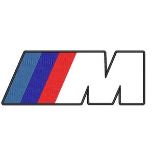 Op de afbeelding: Een zwart-wit logo met de letter "M" in wit en een blauw, rood en wit streepontwerp erachter.