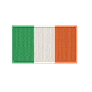 May include: A rectangular embroidered patch featuring the national flag of Ireland. The design consists of three vertical stripes of equal width in green, white, and orange, with a visible stitched texture throughout the entire surface area.