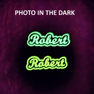 以下が含まれることがあります： 筆記体でRobertと書かれた2つのネオングリーンの光るネームサイン。暗い紫色の背景の上部に白い文字でPHOTO IN THE DARKと印刷されています。サインは暗闇の中で明るい光を放っています。