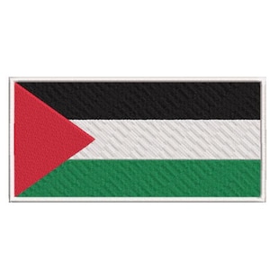May include: Embroidered patch depicting the flag of Palestine. The design features a red triangle, black, white, and green horizontal stripes, and a white border. The patch is rectangular.