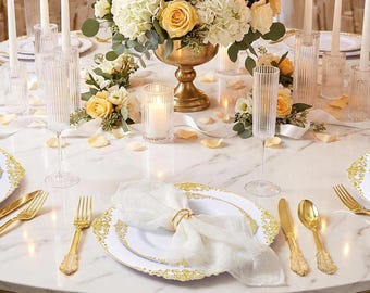 White Gold Rim Disposable Plates Set, Elegant Dinnerware for 100 Guests