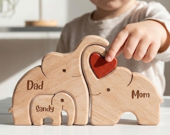 Gepersonaliseerde houten familie puzzel olifant, aangepaste naam aandenken cadeau voor moeder, cadeau nieuwe moeder, decor kinderkamer, babyshower cadeau