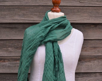 Green pure linen scarf, soft scarf, mens scarf, lightweight scarf, women's linen scarf