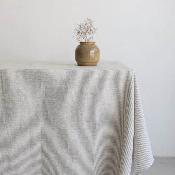 Striped linen tablecloth - Round linen tablecloth - Washed soft linen table cloth