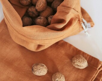 Linen reusable produce bags - terracotta linen bread bag - linen shopping bag - zero waste shopping