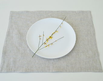 Natural linen double layered striped placemats - Farmhouse linen table mats set of 2, 4, 6, 8