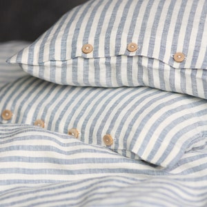 Striped linen bedding set. Blue and white striped duvet cover with pillowcases. image 7