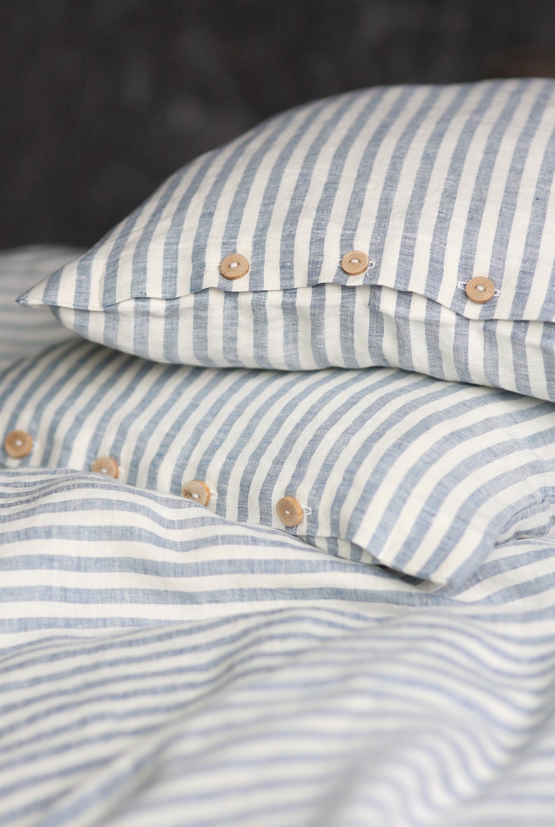 Striped linen bedding set. Blue and white striped duvet cover with pillowcases. image 7