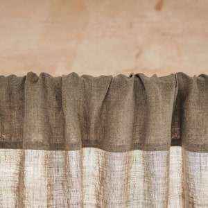 May include: A pair of brown linen curtains with a white linen lining. The curtains are gathered at the top and hang straight down.