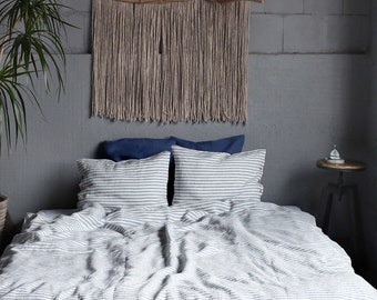 Blue Striped Linen Bedding Set, Linen Duvet Cover Set, Stonewashed European Flax Bedding, Queen King Bedding, OEKO-TEX Certified Linen