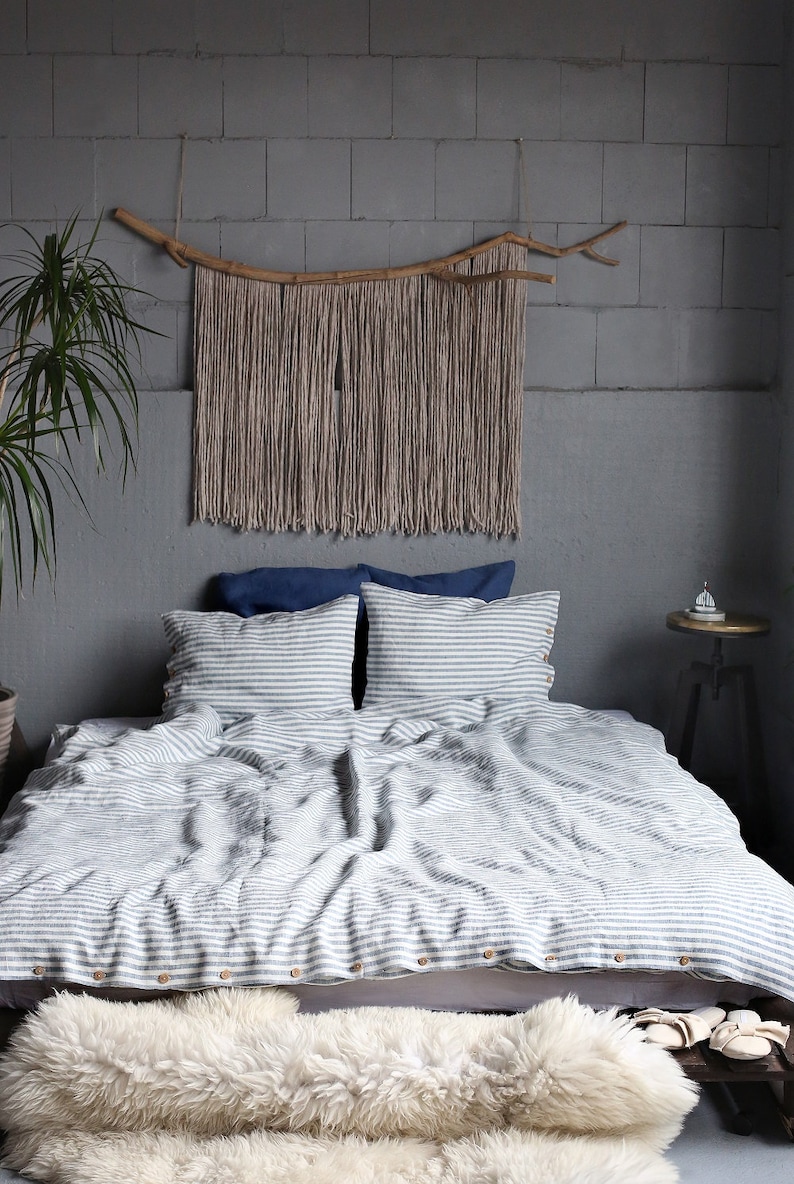 Striped linen bedding set. Blue and white striped duvet cover with pillowcases. image 2