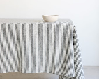 Linen dinning tablecloth, Easter table cloth from stonewashed linen, Round outdoor striped soft linens tablecloth
